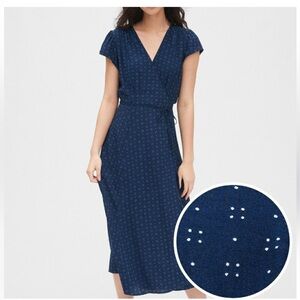 Gap Women’s Navy Blue Dot Print Short Sleeve Full Maxi Wrap Dress Tie Waist Med